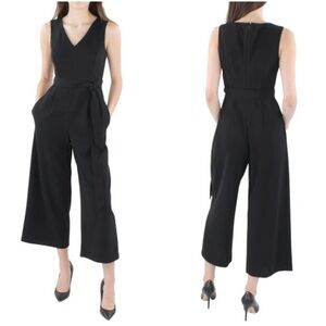 Calvin Klein Black V Neck Sleeveless Belted Cropped Wide Leg Romper